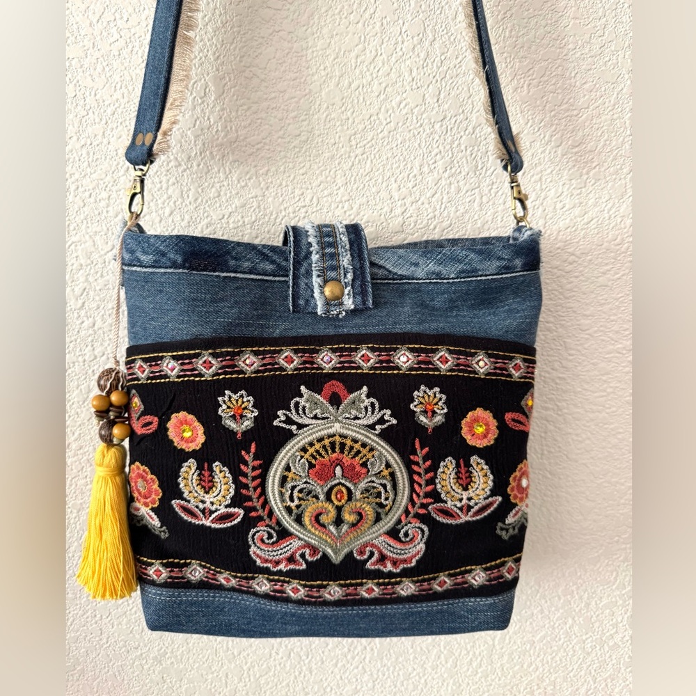 Denim Crossbody Bag with Intricate Embroidered Design | Handmade Shoulder Bag